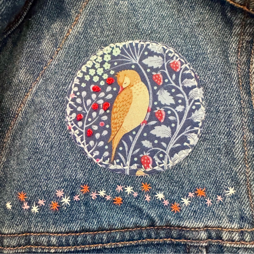 Upcycled Denim Jacket M Cottagecore Mushroom Embroidery Patchwork one of a kind - Picture 4 of 7